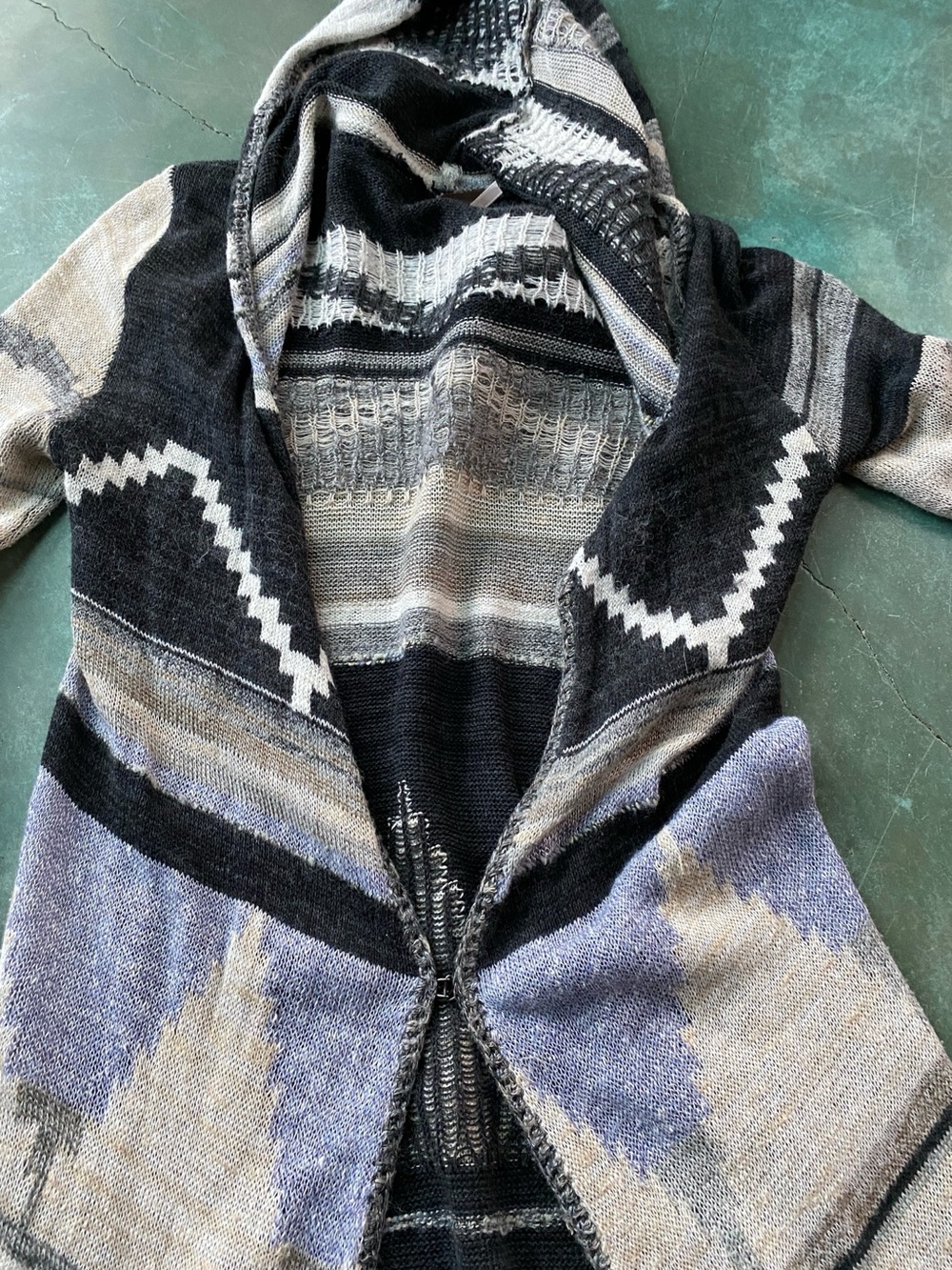 Free People Long Black and Cream Knit Cardigan with Hoodie - Picture 8 of 12